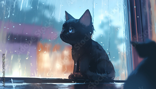 cute black cat looking out of the window while it rains cartoon anime style illustration