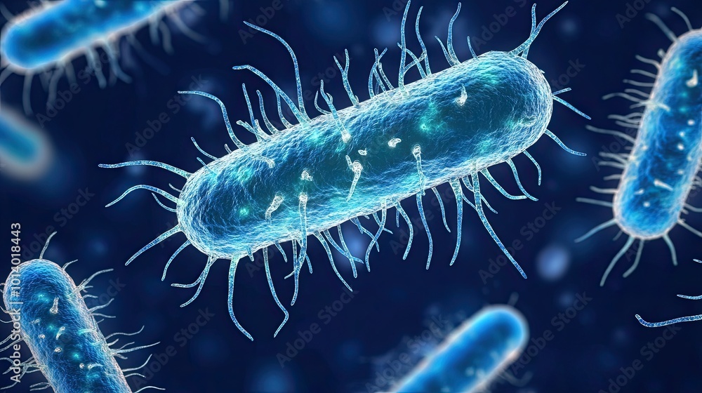 Fototapeta premium Bacteria move chaotically through space. Prokaryotic microorganisms. Microscopic medicine of pathogenic environments. Macroscopic observation, examination and diagnosis. Illustration for design