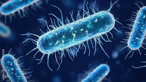 Bacteria move chaotically through space. Prokaryotic microorganisms. Microscopic medicine of pathogenic environments. Macroscopic observation, examination and diagnosis. Illustration for design