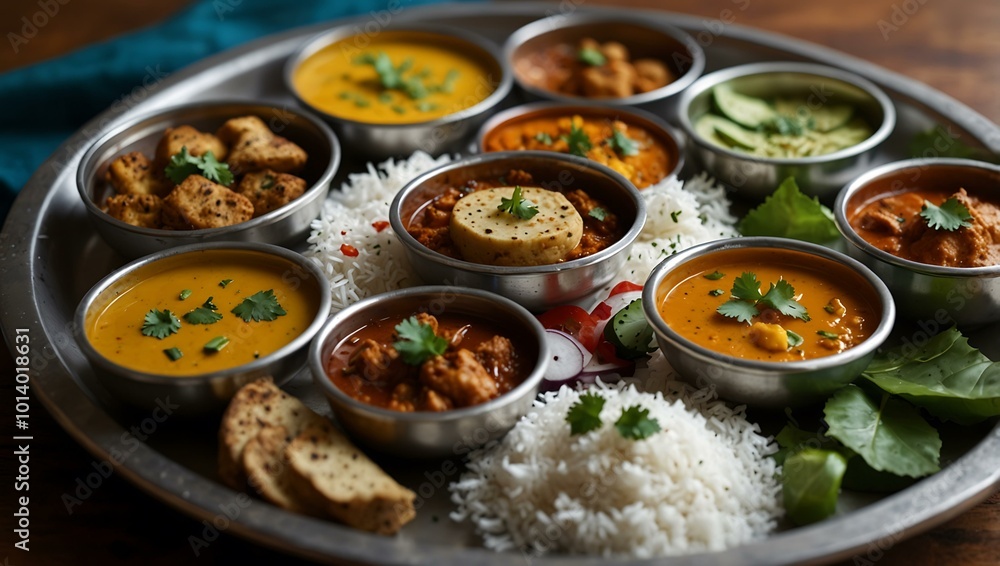 A vibrant thali showcases an array of colorful Indian dishes. A vibrant thali showcases an array of colorful Indian dishes.