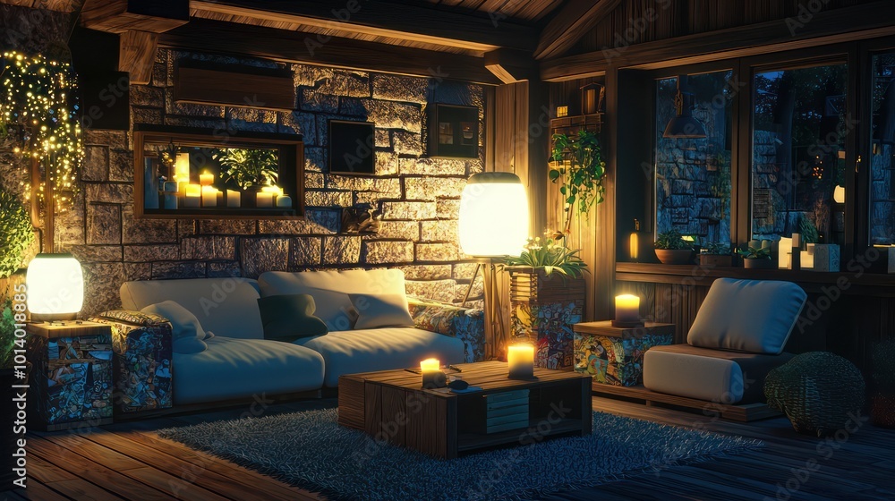 A cozy living room featuring furniture made from recycled materials and low-energy LED lighting A cozy living room featuring furniture made from recycled materials and low-energy LED lighting