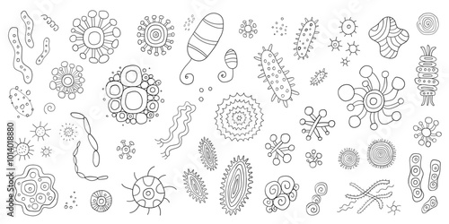microbes virus bacterial microorganism doodle set , isolated hand drawn vector element collection