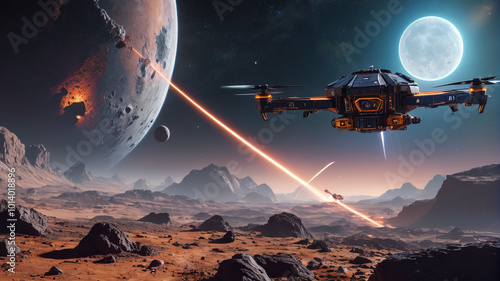 Near planetary rings, asteroid miners fend off space pirates with laser-equipped drones, their coordinated defense ensuring the safety of their valuable resources, Generative AI photo