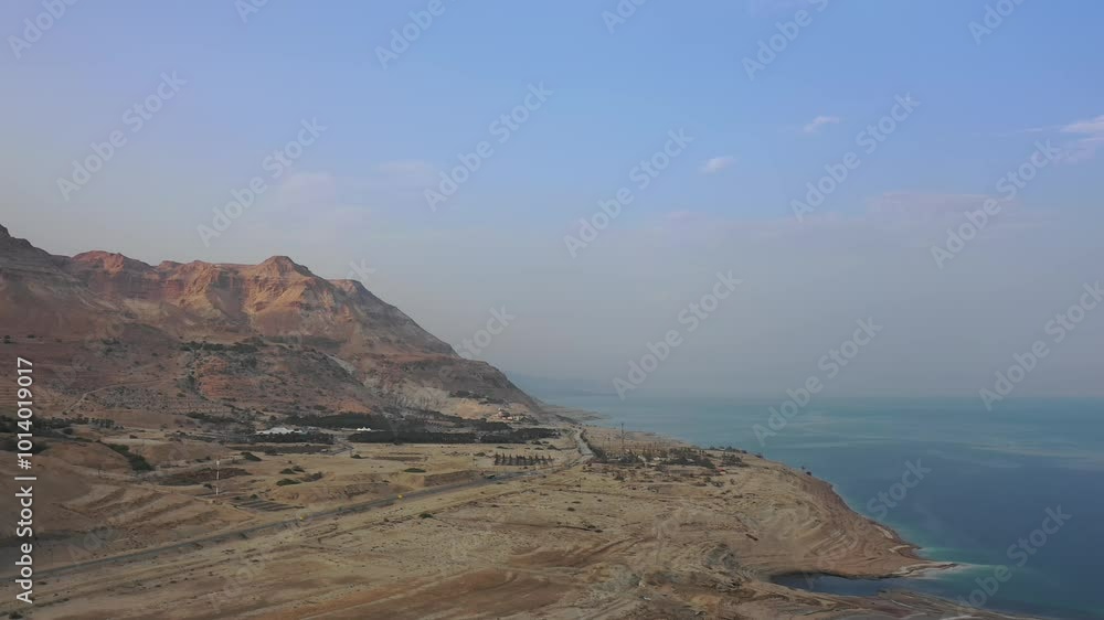 Aerial video over the coastline of the Dead Sea on the Israeli side, at sunset Aerial video over the coastline of the Dead Sea on the Israeli side, at sunset