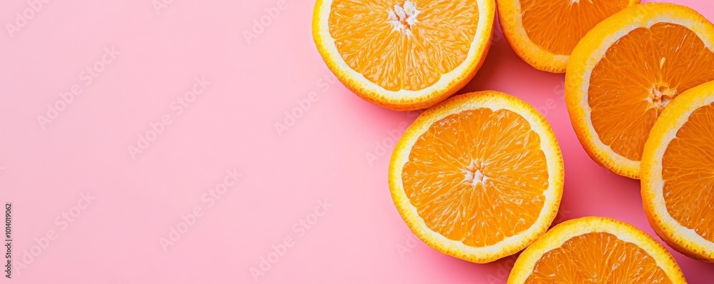 sliced oranges on pink background, vibrant composition. Freshness and health concept sliced oranges on pink background, vibrant composition. Freshness and health concept
