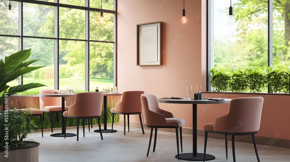 Fototapeta premium Pink restaurant interior with chairs and tables in a row, large window, and mockup frame