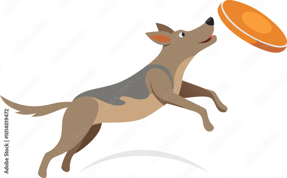 Brown dog chasing a frisbee midair, cartoon illustration of a playful and energetic pet Brown dog chasing a frisbee midair, cartoon illustration of a playful and energetic pet