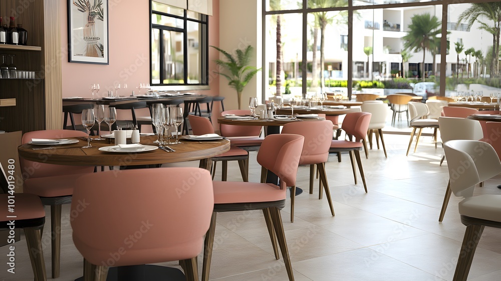 Pink restaurant interior with chairs and tables in a row, large window, and mockup frame Pink restaurant interior with chairs and tables in a row, large window, and mockup frame