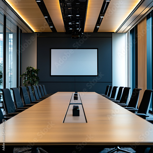 Modern Conference Room With Long Table and Projector Screen