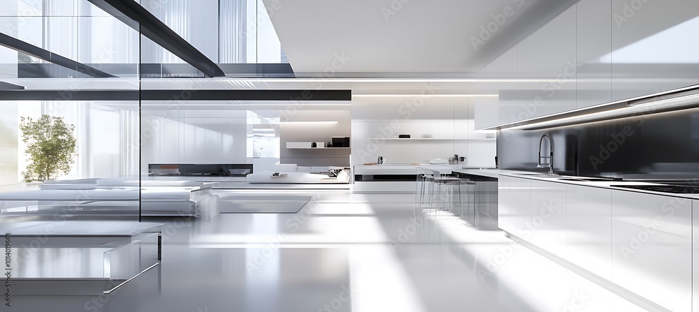 A futuristic smart home with integrated technology, clean lines, and innovative design elements A futuristic smart home with integrated technology, clean lines, and innovative design elements