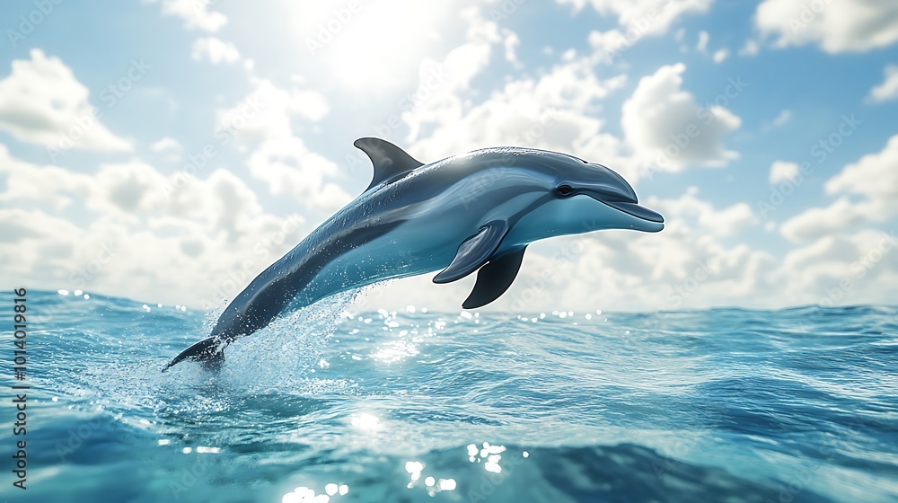 Fototapeta premium A stunning dolphin jumping from the ocean under a blue sky with fluffy clouds