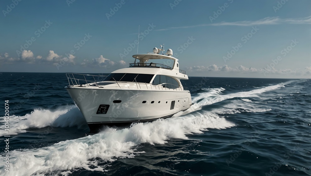 A white yacht glides through blue ocean waves. A white yacht glides through blue ocean waves.