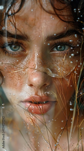 Close-Up Portrait of a Woman with Water Drops on Her Face