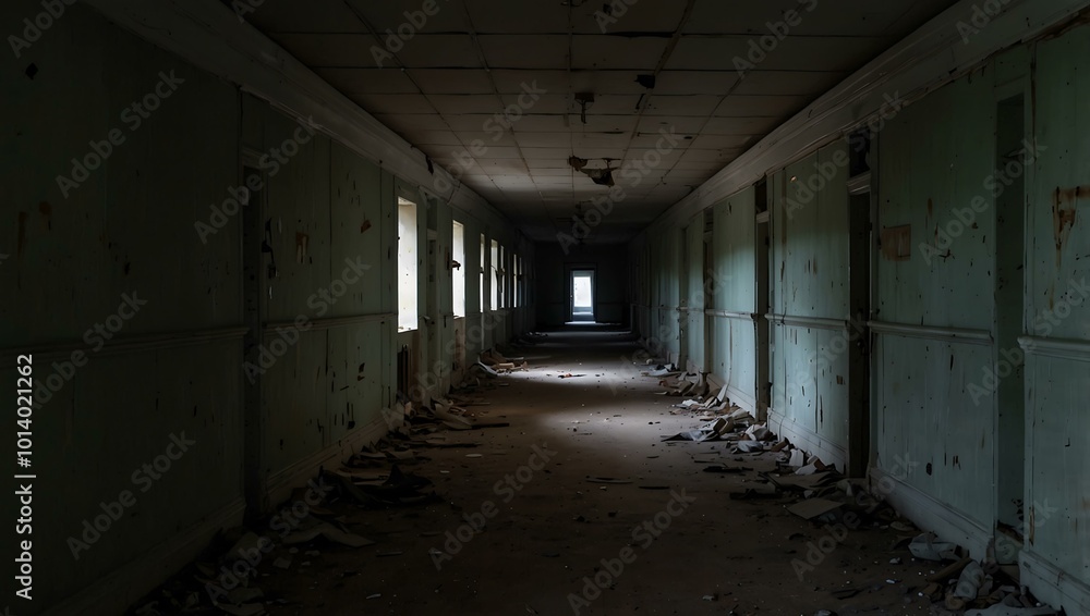 Abandoned corridor with a haunting atmosphere. Abandoned corridor with a haunting atmosphere.