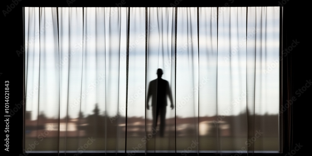 A shadowy figure resembling a ghost stands behind a sheer curtain, creating a spooky atmosphere. A shadowy figure resembling a ghost stands behind a sheer curtain, creating a spooky atmosphere.