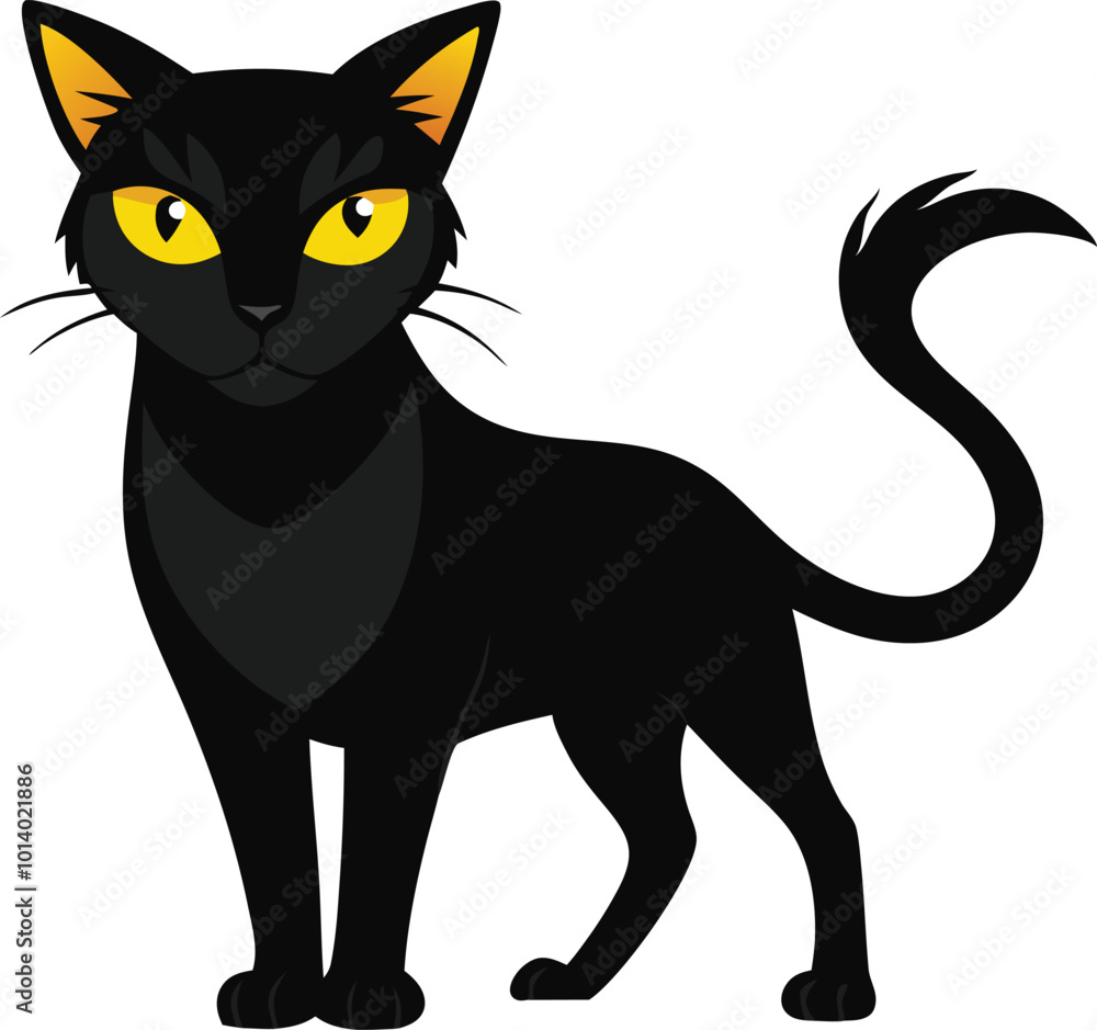 Fototapeta premium Black cat standing with tail curled, illustrated in a cute and mysterious cartoon style