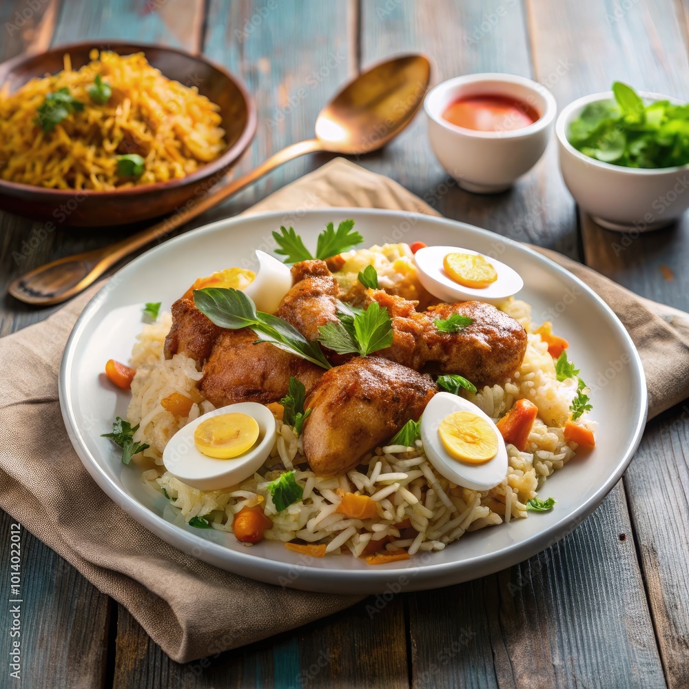 Delicious chicken biriyani with eggs served on a white plate and fresh herbs. Generative AI Delicious chicken biriyani with eggs served on a white plate and fresh herbs. Generative AI