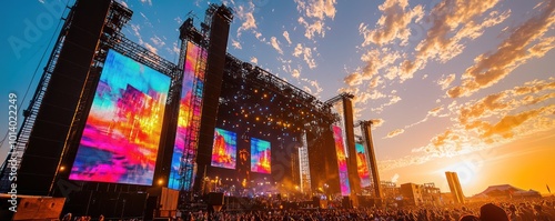 A large outdoor music festival equipped with towering LED screens and synchronized light shows that extend the visual experience beyond the stage