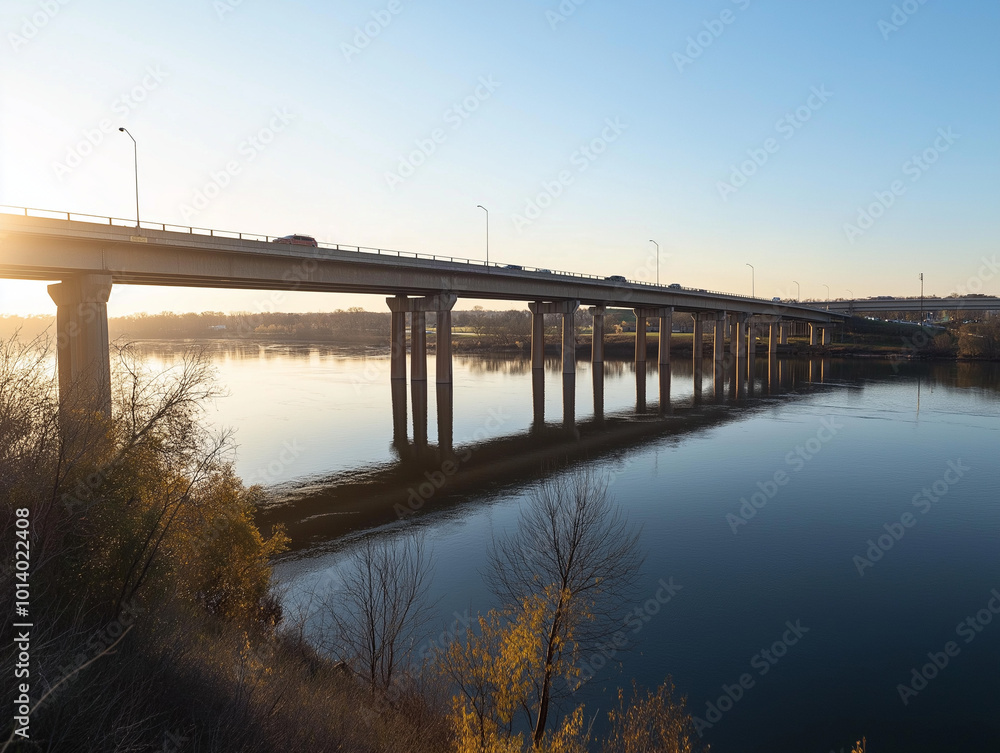 River Crossing: Highway Bridge Over a Wide River Reflecting the Sky River Crossing: Highway Bridge Over a Wide River Reflecting the Sky
