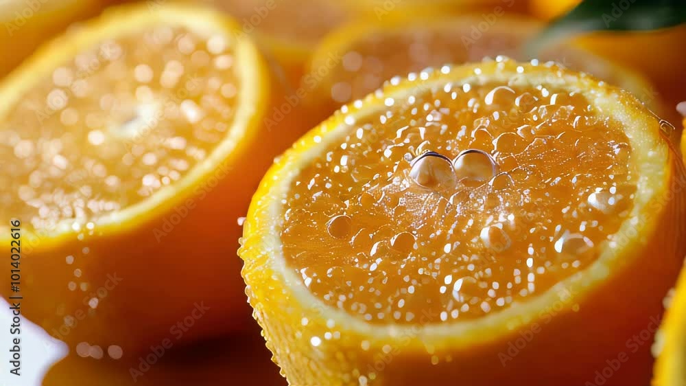 A detailed macro shot of freshly cut oranges with bubbles forming on the surface, capturing the freshness and juiciness of the fruit in stunning clarity A detailed macro shot of freshly cut oranges with bubbles forming on the surface, capturing the freshness and juiciness of the fruit in stunning clarity
