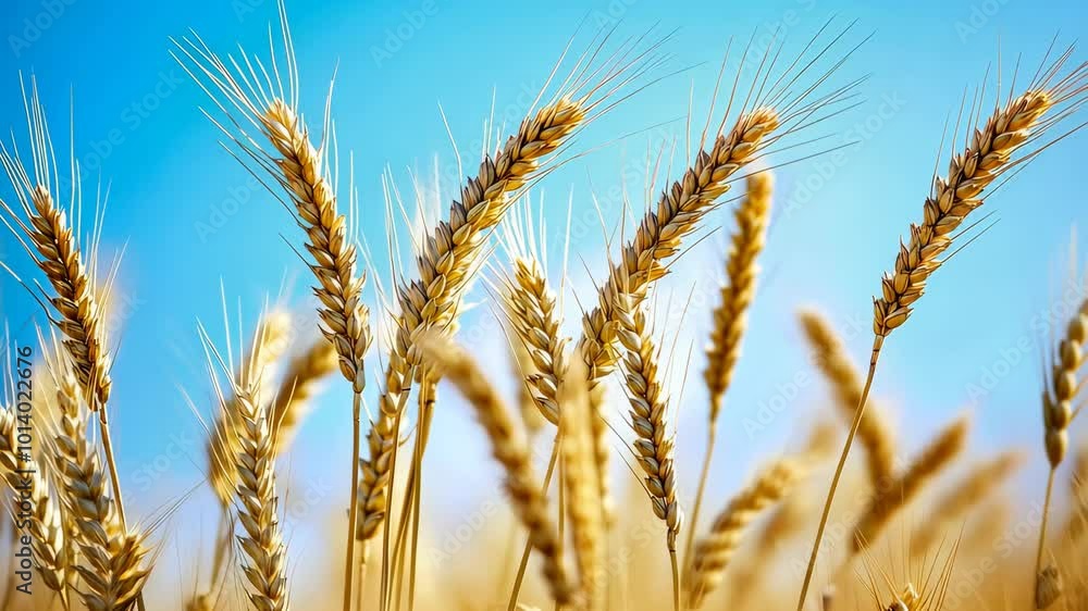 Golden wheat field against blue sky, agricultural Golden wheat field against blue sky, agricultural