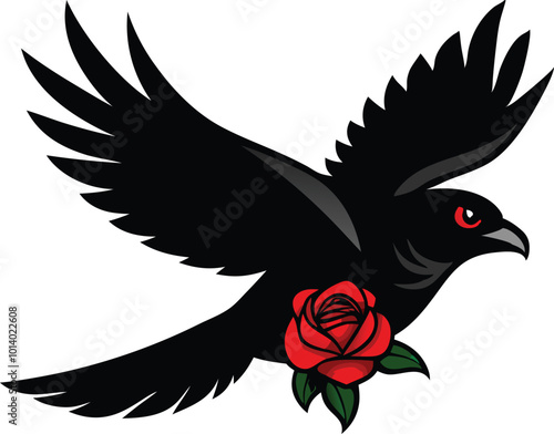 Black crow flying with a red rose in its beak, illustrated in a dark and mysterious cartoon style