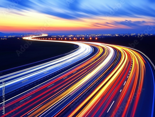 Nighttime Journey: A Highway Illuminated by the Lights of Passing Cars