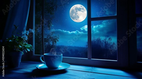 Cup of coffee on a windowsill with a magical forest view under a full moon in a fantasy night landscape.
 Seamless looping 4k time-lapse virtual video animation Generated AI