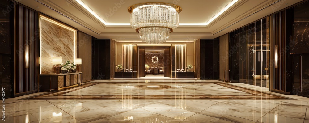 A luxury apartment building lobby with a stunning chandelier that combines both classic and modern design elements, providing a grand entrance