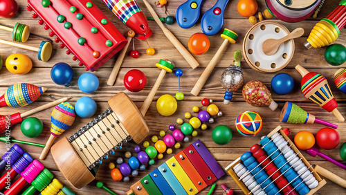 A vibrant and engaging display of musical instruments designed for children, with brightly colored toys made from wood and plastic, encouraging creativity and exploration.