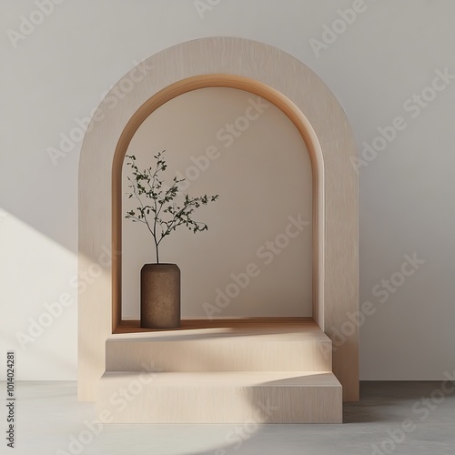 3d render of wooden shelf with plant in pot on wall backgroundWooden shelf with a plant in a pot. 3d rendering photo