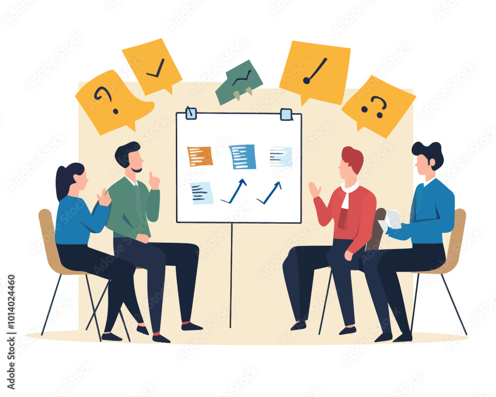 Business Team Brainstorming Idea Discussion in Workshop with Whiteboard and Sticky Notes Minimalist Flat Vector Business Team Brainstorming Idea Discussion in Workshop with Whiteboard and Sticky Notes Minimalist Flat Vector