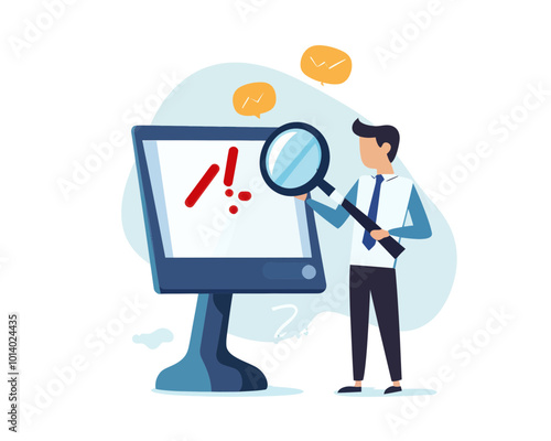 Businessman Analyzing Incident with Magnifier, Exclamation Warning Sign on Monitor, Root Cause Analysis and Risk Identification for Incident Management, Flat Minimalist SVG Vector