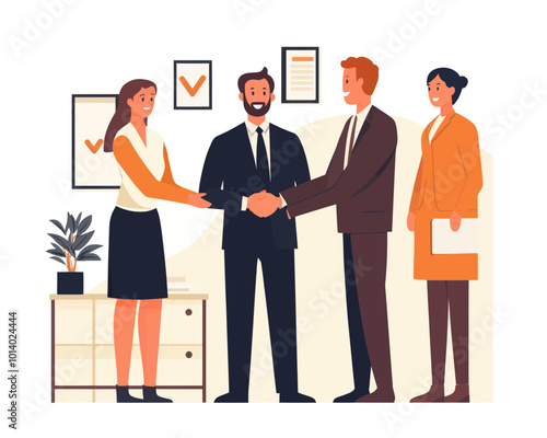 Business manager welcoming new employee with handshake, onboarding and orientation training illustration, office colleagues introduction, flat minimalist vector concept