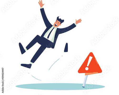 Cautious Businessman Falling Near Danger Sign Concept of Risk Management and Failure Prevention