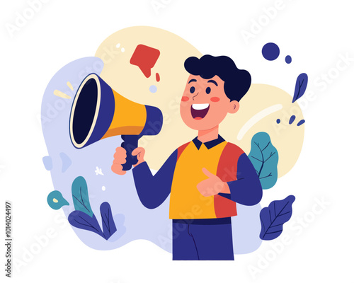 Confident Businessman Announcing With Megaphone Concept of Business Promotion and Communication in Flat Minimalist SVG Vector Style