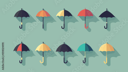 Colorful Flat Design Umbrella Icons Collection with Shadows on Teal Background for UI and Graphic Resources