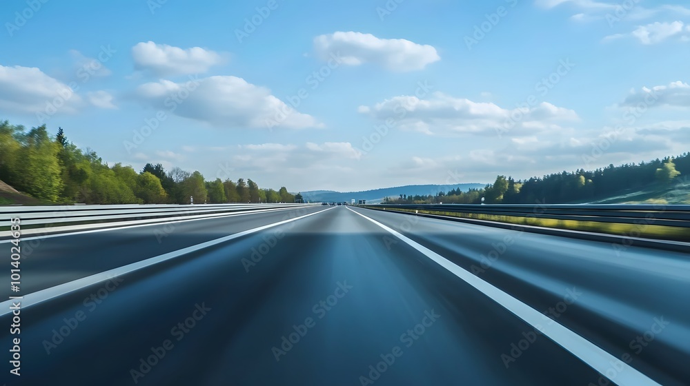 Fototapeta premium Point-of-view perspective from a car on a highway, conveying motion and travel, with blurred scenery suggesting movement
