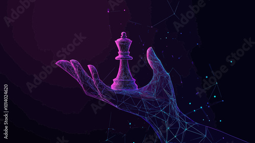 Abstract Polygonal Hand Holding Chess Pawn with Light Connection Structure - Geometric Low Poly Vector Background - Business Strategy and Innovation Concept