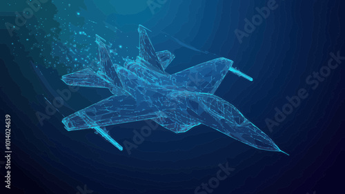Abstract Low Poly Fighter Jet Vector Illustration in Blue, Motion Lines and Connected Points, Minimalist Style, Technology and Transport Concept