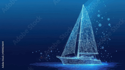 Polygonal Sailing Yacht Business Concept Vector Illustration - Mesh Sphere Thin Line Sailboat on Blue Minimalist Sea Backdrop