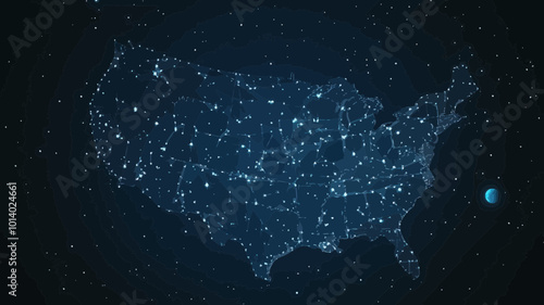 Abstract Starry USA Map Vector - Wireframe American Night Sky with Planets and Stars - Space-Themed USA Map Concept for Minimalist Design Projects