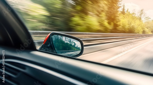 Wallpaper Mural Point-of-view perspective from a car on a highway, conveying motion and travel, with blurred scenery suggesting movement Torontodigital.ca