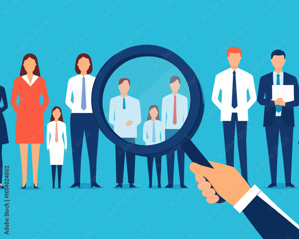 Flat Minimalist Vector of HR Recruitment Process with Magnifier, Business People, and Candidate Selection for Job Vacancy Hiring Flat Minimalist Vector of HR Recruitment Process with Magnifier, Business People, and Candidate Selection for Job Vacancy Hiring