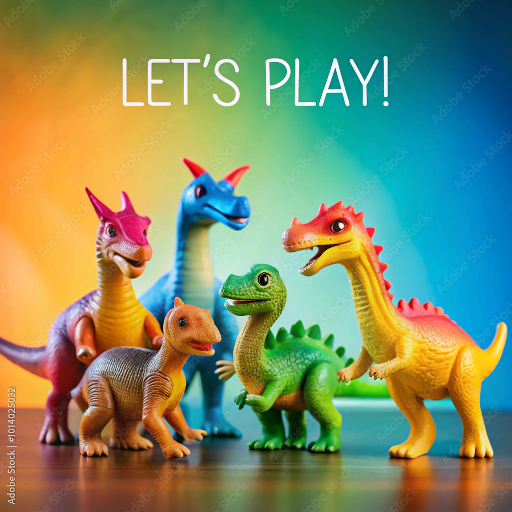 Fototapeta premium Playful dinosaurs gathered together with the text 