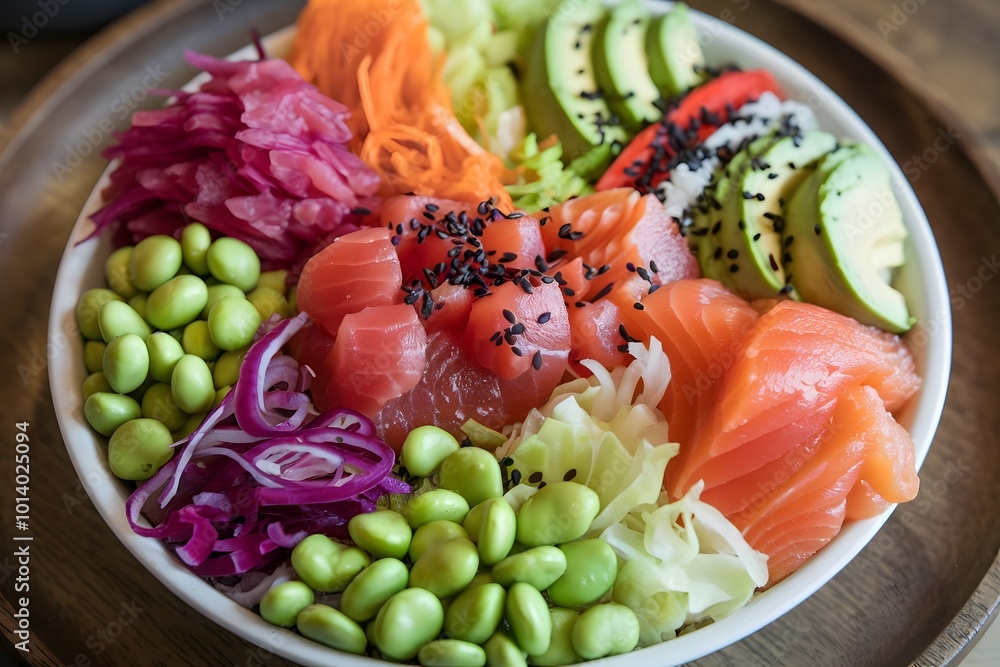 Rainbow Poke Bowl, A vibrant poke bowl with an array of colorful ingredients like fresh tuna, salmon, avocado, edamame, and pickled veggies, perfect for healthy food imagery. Rainbow Poke Bowl, A vibrant poke bowl with an array of colorful ingredients like fresh tuna, salmon, avocado, edamame, and pickled veggies, perfect for healthy food imagery.