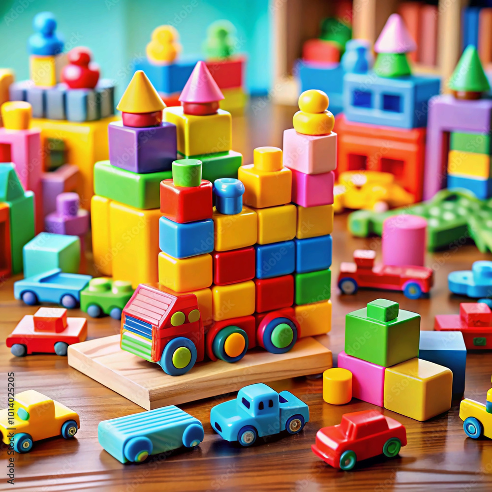 Naklejka premium Colorful wooden blocks stacked into intricate structures and vehicles on a wooden table