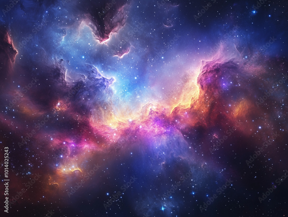 Fototapeta premium Nebula Adrift: A Galaxy Cluster Floating in the Void Surrounded by Nebulae