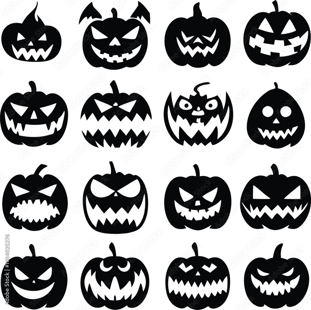 Obraz premium Collection of halloween silhouettes icon and character., witch, creepy and spooky elements for halloween decorations, silhouettes, sketch, icon, sticker. Hand drawn vector illustration