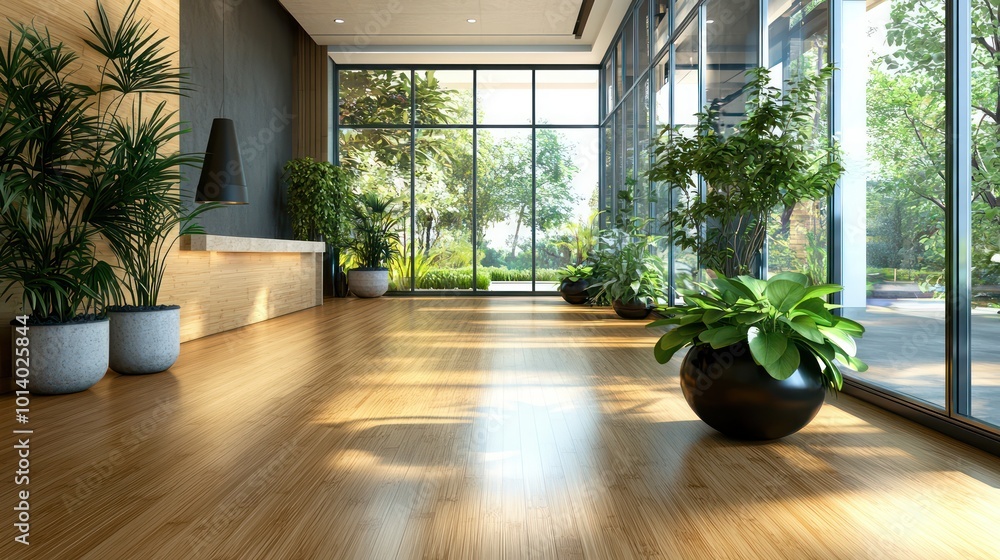 A modern office space with bamboo flooring, large energy-efficient windows, and indoor plants A modern office space with bamboo flooring, large energy-efficient windows, and indoor plants